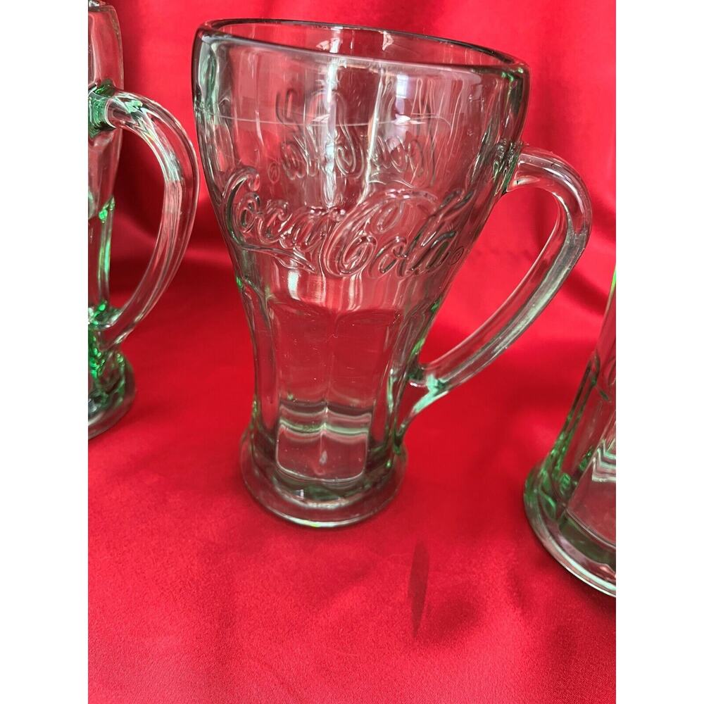Coca Cola Mugs Glass by Libby Floats Vintage Embossed Green Glass 4 Glasses